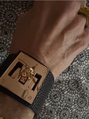 Black Leather Cuff Bracelet with Gold Turn-Lock Hardware